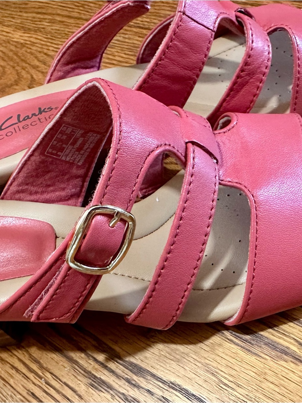 Clarks Dusty Rose Strappy Leather Sandals with Gold Buckle